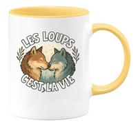quotedazur Café-Croissant - Mug Personnalisé Les Loups, Un Cadeau De Vie Et Nature À Partager Avec Tasse Loup Pour Noël Amoureux Passionnés - Jaune/Céramique