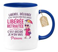 quotedazur Café-Croissant - Mug Personnalisé Libérée, Délivrée, Retraitée Cadeau Tasse Pour Noël Femme Heureuse Retraite Et - Bleu/Céramique