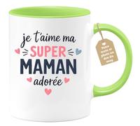 quotedazur Café-Croissant - Mug Personnalisé Maman Texte Photo - Tasse Fête Des Mères Je T'aime Ma Super Maman Adorée - Cadeau Drôle Mamounette - Vert/céramique