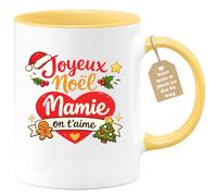 quotedazur Café-Croissant - Mug Personnalisé Mamie - Joyeux Noël Mamie On T'aime - Cadeau Fête Des Grands Mères Noël Original - Jaune/céramique