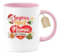 quotedazur Café-Croissant - Mug Personnalisé Mamie - Joyeux Noël Mamie On T'aime - Cadeau Fête Des Grands Mères Noël Original - Rose/céramique