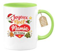 quotedazur Café-Croissant - Mug Personnalisé Mamie - Joyeux Noël Mamie On T'aime - Cadeau Fête Des Grands Mères Noël Original - Vert/céramique