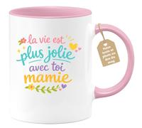 quotedazur Café-Croissant - Mug Personnalisé Mamie - La Vie Est Plus Jolie Avec Toi Mamie - Cadeau Fête Des Grands Mères Noël Original - Rose/céramique