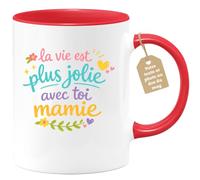 quotedazur Café-Croissant - Mug Personnalisé Mamie - La Vie Est Plus Jolie Avec Toi Mamie - Cadeau Fête Des Grands Mères Noël Original - Rouge/céramique