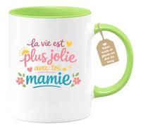quotedazur Café-Croissant - Mug Personnalisé Mamie - La Vie Est Plus Jolie Avec Toi Mamie - Cadeau Fête Des Grands Mères Noël Original - Vert/céramique