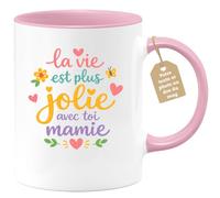 quotedazur Café-Croissant - Mug Personnalisé Mamie - La Vie Est Plus Jolie Avec Toi Mamie - Cadeau Fête Des Grands Mères Noël Original - Rose/céramique