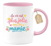 quotedazur Café-Croissant - Mug Personnalisé Mamie - La Vie Est Plus Jolie Avec Toi Mamie - Cadeau Fête Des Grands Mères Noël Original - Rose/céramique