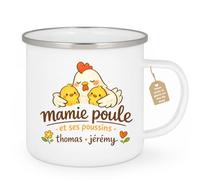 quotedazur Café-Croissant - Mug Personnalisé Mamie - Mamie Poule Et Ses Poussins Avec Prénoms Enfants - Cadeau Fête Des Grands Mères Noël Original - Blanc/emaille