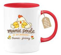 quotedazur Café-Croissant - Mug Personnalisé Mamie - Mamie Poule Et Ses Poussins Avec Prénoms Enfants - Cadeau Fête Des Grands Mères Noël Original - Rouge/céramique