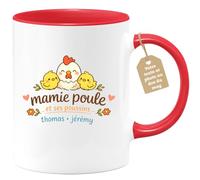 quotedazur Café-Croissant - Mug Personnalisé Mamie - Mamie Poule Et Ses Poussins Avec Prénoms Enfants - Cadeau Fête Des Grands Mères Noël Original - Rouge/céramique