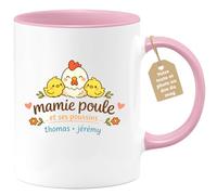 quotedazur Café-Croissant - Mug Personnalisé Mamie - Mamie Poule Et Ses Poussins Avec Prénoms Enfants - Cadeau Fête Des Grands Mères Noël Original - Rose/céramique