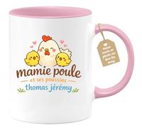 quotedazur Café-Croissant - Mug Personnalisé Mamie - Mamie Poule Et Ses Poussins Avec Prénoms Enfants - Cadeau Fête Des Grands Mères Noël Original - Rose/céramique