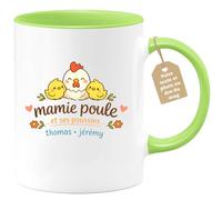 quotedazur Café-Croissant - Mug Personnalisé Mamie - Mamie Poule Et Ses Poussins Avec Prénoms Enfants - Cadeau Fête Des Grands Mères Noël Original - Vert/céramique