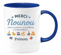quotedazur Café-Croissant - Mug Personnalisé Merci Nounou Pour Ta Patience, Gentillesse Et Bienveillance Prénom Cadeau Noël Tasse Exceptionnelle Attentionnée - Bleu/Céramique