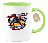 quotedazur Café-Croissant - Mug Personnalisé Moto - Tasse J’ai Deux Passions : La Route Et Les Virages - Cadeau Motard Homme - Vert/céramique