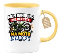 quotedazur Café-Croissant - Mug Personnalisé Moto - Tasse Mon Banquier Me Déteste, Ma Moto M’adore - Cadeau Motard Homme - Jaune/céramique