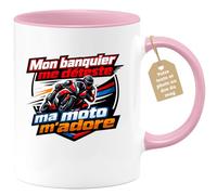 quotedazur Café-Croissant - Mug Personnalisé Moto - Tasse Mon Banquier Me Déteste, Ma Moto M’adore - Cadeau Motard Homme - Rose/céramique