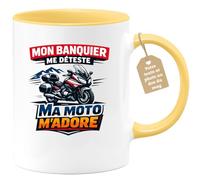 quotedazur Café-Croissant - Mug Personnalisé Moto - Tasse Mon Banquier Me Déteste, Ma Moto M’adore - Cadeau Motard Homme - Jaune/céramique