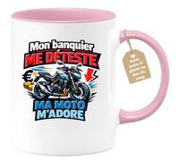 quotedazur Café-Croissant - Mug Personnalisé Moto - Tasse Mon Banquier Me Déteste, Ma Moto M’adore - Cadeau Motard Homme - Rose/céramique
