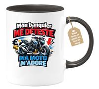 quotedazur Café-Croissant - Mug Personnalisé Moto - Tasse Mon Banquier Me Déteste, Ma Moto M’adore - Cadeau Motard Homme - Noir/céramique