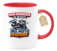 quotedazur Café-Croissant - Mug Personnalisé Moto - Tasse Mon Banquier Me Déteste, Ma Moto M’adore - Cadeau Motard Homme - Rouge/céramique