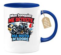 quotedazur Café-Croissant - Mug Personnalisé Moto - Tasse Mon Banquier Me Déteste, Ma Moto M’adore - Cadeau Motard Homme - Bleu/céramique