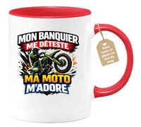 quotedazur Café-Croissant - Mug Personnalisé Moto - Tasse Mon Banquier Me Déteste, Ma Moto M’adore - Cadeau Motard Homme - Rouge/céramique