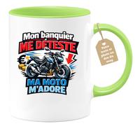 quotedazur Café-Croissant - Mug Personnalisé Moto - Tasse Mon Banquier Me Déteste, Ma Moto M’adore - Cadeau Motard Homme - Vert/céramique