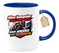 quotedazur Café-Croissant - Mug Personnalisé Moto - Tasse Mon Banquier Me Déteste, Ma Moto M’adore - Cadeau Motard Homme - Bleu/céramique