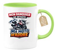 quotedazur Café-Croissant - Mug Personnalisé Moto - Tasse Mon Banquier Me Déteste, Ma Moto M’adore - Cadeau Motard Homme - Vert/céramique