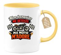 quotedazur Café-Croissant - Mug Personnalisé Moto - Tasse Mon Banquier Me Déteste, Ma Moto M’adore - Cadeau Motard Homme - Jaune/céramique