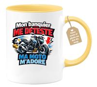 quotedazur Café-Croissant - Mug Personnalisé Moto - Tasse Mon Banquier Me Déteste, Ma Moto M’adore - Cadeau Motard Homme - Jaune/céramique