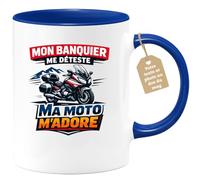quotedazur Café-Croissant - Mug Personnalisé Moto - Tasse Mon Banquier Me Déteste, Ma Moto M’adore - Cadeau Motard Homme - Bleu/céramique