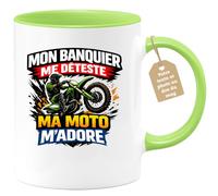 quotedazur Café-Croissant - Mug Personnalisé Moto - Tasse Mon Banquier Me Déteste, Ma Moto M’adore - Cadeau Motard Homme - Vert/céramique