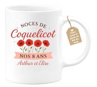 quotedazur Café-Croissant - Mug Personnalisé Noces De Coquelicot 8 Ans Arthur Élise Cadeau Noël Anniversaire Tasse Romantique - Blanc/Céramique