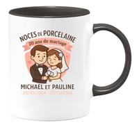 quotedazur Café-Croissant - Mug Personnalisé Noces De Porcelaine 20 Ans Mariage Micheal Et Pauline 20/10/2004 20/10/2024 Cadeau Tasse Pour Noël Anniversaire - Noir/Céramique