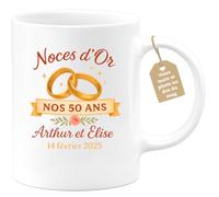 quotedazur Café-Croissant - Mug Personnalisé Noces D'Or Anniversaire 50 Ans Arthur Élise 14/02/2025 Cadeau Tasse Pour Noël De Mariage - Blanc/Céramique