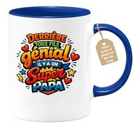 quotedazur Café-Croissant - Mug Personnalisé Papa Texte Photo - Tasse Fête Des Pères Derriere Tous Fils Génial Il Y A Un Super Papa - Cadeau Drôle Papounet - Bleu/céramique