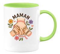quotedazur Café-Croissant - Mug Personnalisé Paul Emma Pour Maman Cadeau Noël Tasse Et Ses Enfants Future Anniversaire Fête Des Mères Annonce Naissance - Vert/Céramique