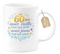quotedazur Café-Croissant - Mug Personnalisé Tasse Cadeau Anniversaire 60 Ans 1965 Assez Vieille Pour Noël Tout Savoir Assez Jeune Pour Tout Oublier - Blanc/Céramique