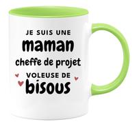 quotedazur Café-Croissant - Mug Personnalisé Tasse Cadeau Femme Noël Je Suis Une Maman Cheffe De Projet Voleuse De Bisous Future Anniversaire Fête Des Mères Annonce Naissance - Vert/Céramique