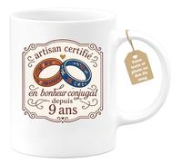 quotedazur Café-Croissant - Mug Personnalisé Tasse Cadeau Noël Artisan Certifié En Bonheur Conjugal Depuis Anniversaire 9 Ans 2016 - Blanc/Céramique