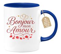 quotedazur Café-Croissant - Mug Personnalisé Tasse Cadeau Noël Bonjour Mon Amour - Bleu/Céramique