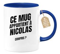 quotedazur Café-Croissant - Mug Personnalisé Tasse Cadeau Noël Ce Mug Appartient À Nicolas Compris - Bleu/Céramique