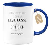 quotedazur Café-Croissant - Mug Personnalisé Tasse Cadeau Noël Compliqué D'Être Un Beau Gosse Et Un Opticien À La Fois Mais Ça Va Je Gère - Bleu/Céramique