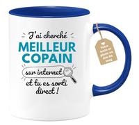 quotedazur Café-Croissant - Mug Personnalisé Tasse Cadeau Noël J'Ai Cherché Meilleur Copain Sur Internet Tu Es Sortie Direct - Bleu/Céramique