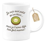 quotedazur Café-Croissant - Mug Personnalisé Tasse Cadeau Noël Je Suis Aussi Petit Qu'Un Kiwi Mais Je T'Aime Déjà Très Fort Mamie - Blanc/Céramique