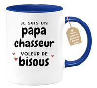 quotedazur Café-Croissant - Mug Personnalisé Tasse Cadeau Noël Je Suis Un Papa Chasseur Voleur De Bisous Futur Anniversaire Fête Des Pères Annonce Naissance - Bleu/Céramique