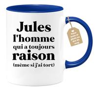 quotedazur Café-Croissant - Mug Personnalisé Tasse Cadeau Noël Jules L'Homme Qui A Toujours Raison Même Si J'Ai Tort - Bleu/Céramique