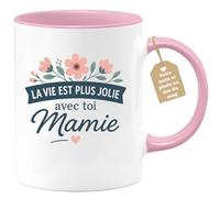 quotedazur Café-Croissant - Mug Personnalisé Tasse Cadeau Noël La Vie Est Plus Jolie Avec Toi Mamie - Rose/Céramique